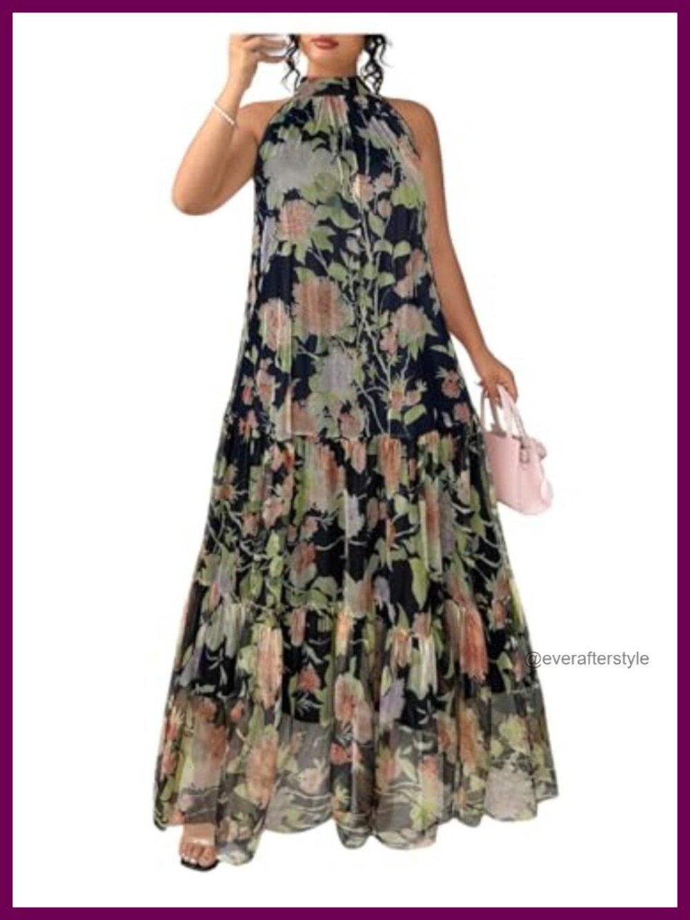 Women's Plus Size Halter Neck Sleeveless Maxi Dress Ruffle Hem Loose Fit
